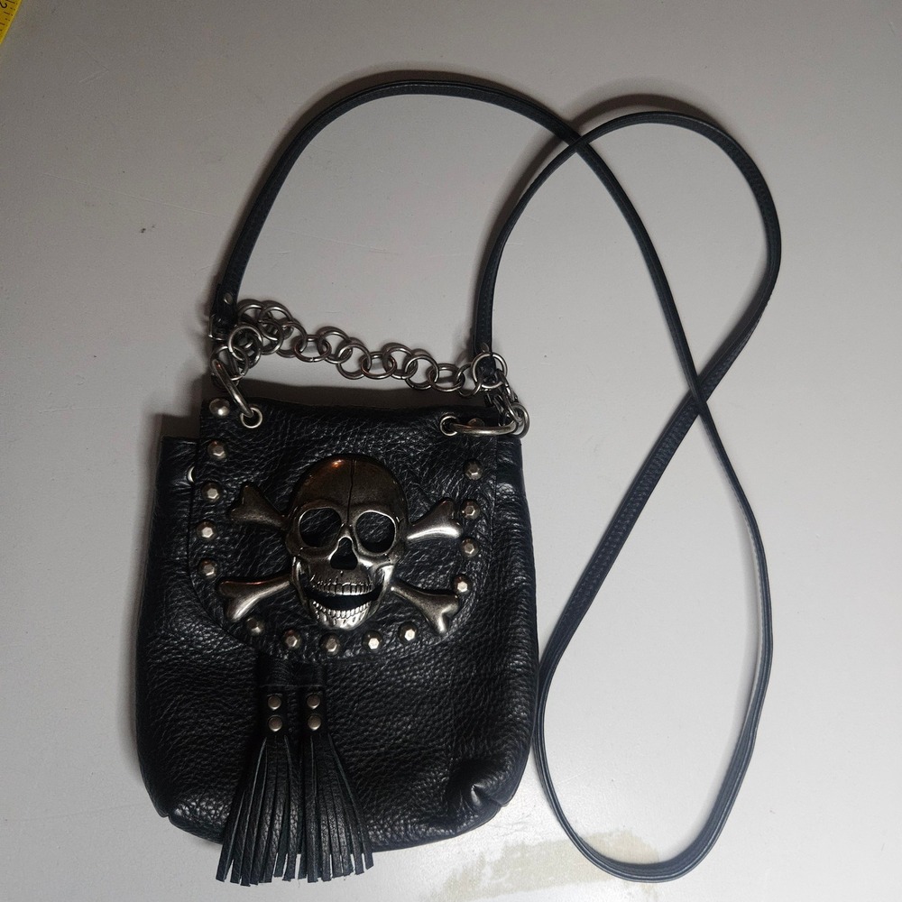 Ohh Ashley Black Leather Skull Crossbones Crossbody Bag Goth Punk Studded Tassel